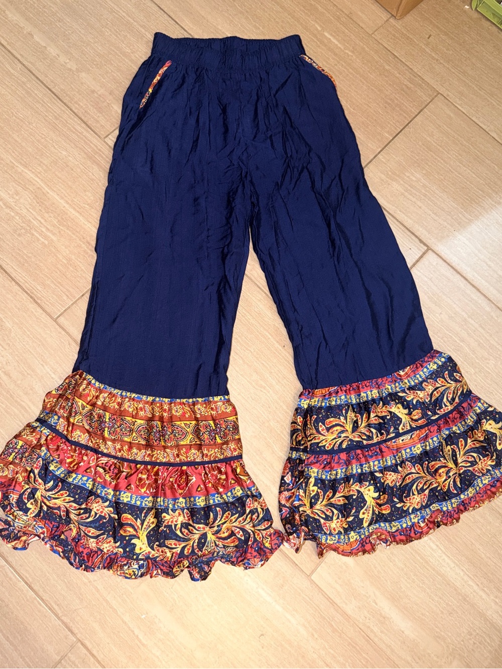 Umgee Navy Wide-Leg Skirted Palazzo Pants with Multicolor Floral Ruffle